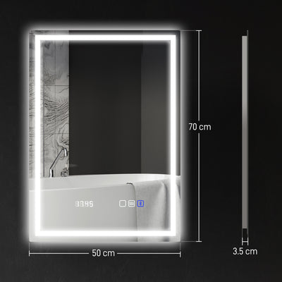 HOMCOM 50 x 70 cm Anti-Fog LED Bathroom Mirror, with Bluetooth and Clock - Silver Tone 