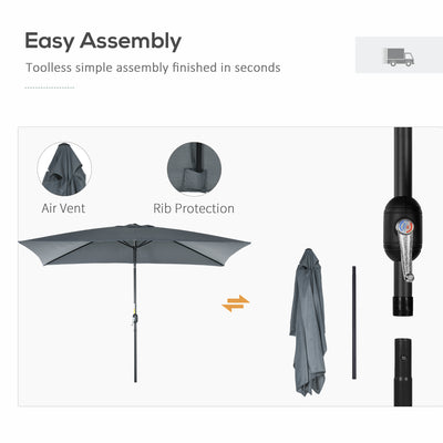 Outsunny 3x2m Patio Parasol Garden Umbrellas Canopy with Aluminum Tilt Crank Rectangular Sun Shade Steel, Dark Grey 