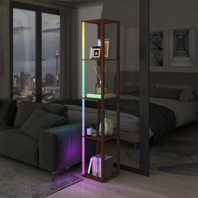 HOMCOM RGB LED Floor Lamp with Shelves, Modern Dimmable Standing Lamp with Remote Control, Adjustable Brightness & Speed for Living Room, Bedroom, Office, Brown 