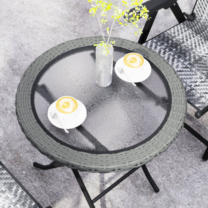 Outsunny Folding Round Tempered Glass Garden Table with Grey Rattan Edging