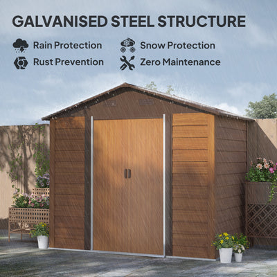 Outsunny 8 x 6ft Garden Storage Shed with Sliding Door - Brown Wood Effect 