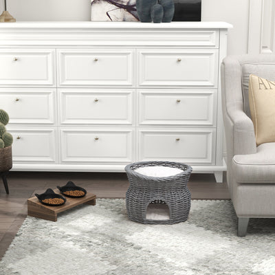 PawHut 2-Tier Wicker Cat House Elevated Pet Bed Basket Willow Kitten Tower Pet Den. with Washable Cushions 56x37x40cm Grey 