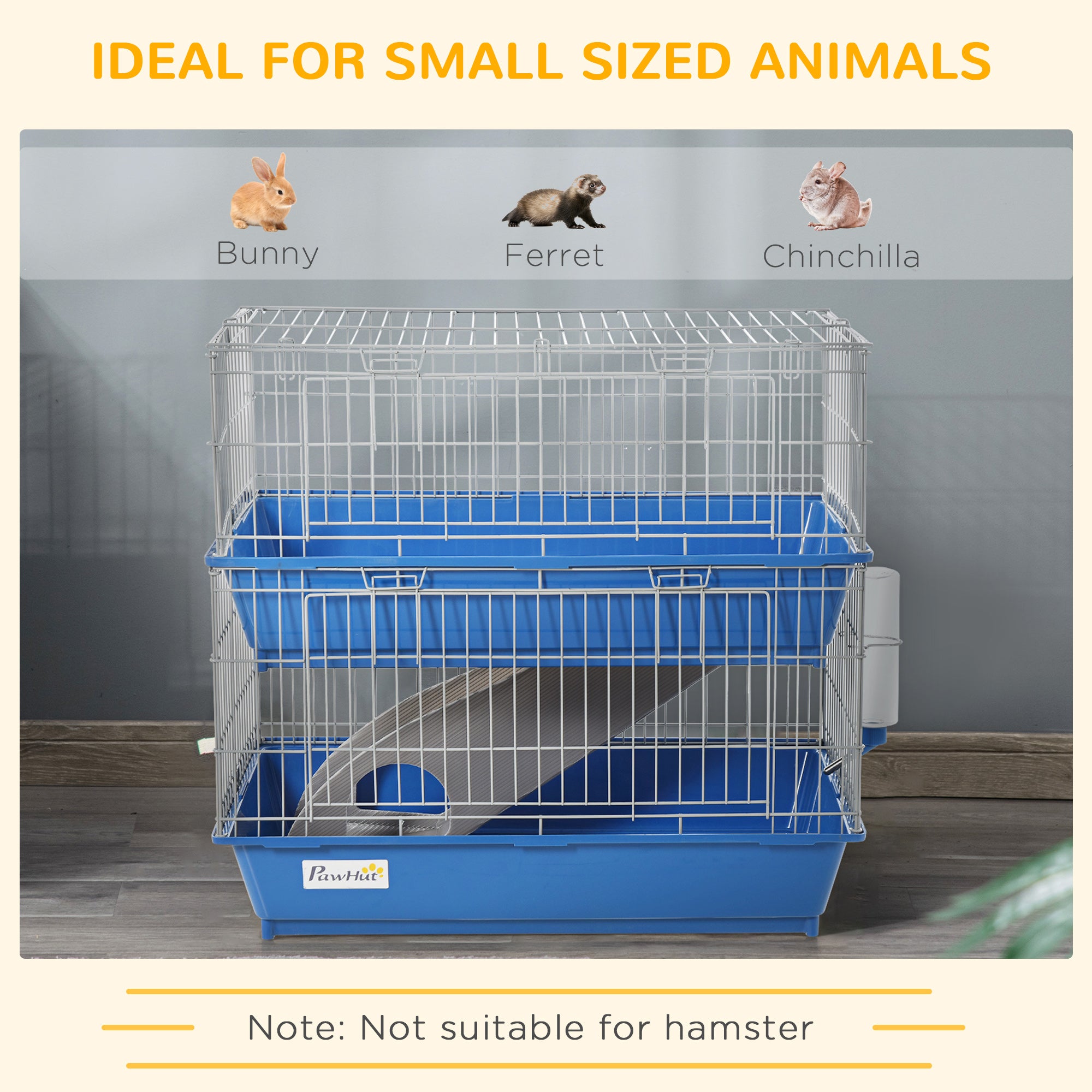 PawHut Double Tier Small Animal Cage Rabbit Chinchillas Cage w/ Ramp Food Dish Water Bottle Deep Trays Pet Home 72 x 44 x 67 cm 