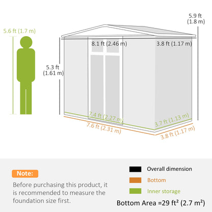 Outsunny 8 x 4 ft Metal Garden Shed, Garden Storage Shed with Window, 4 Vents and Lockable Door, Waterproof Galvanised Steel Tool Storage Shed, Dark Grey 