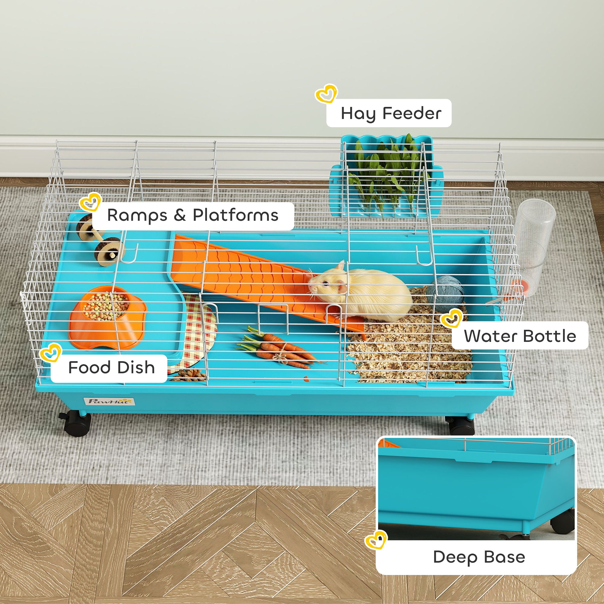 PawHut Small Animal Cage Rabbit Guinea Pigs Chinchillas Cage with Wheels Water Bottle 