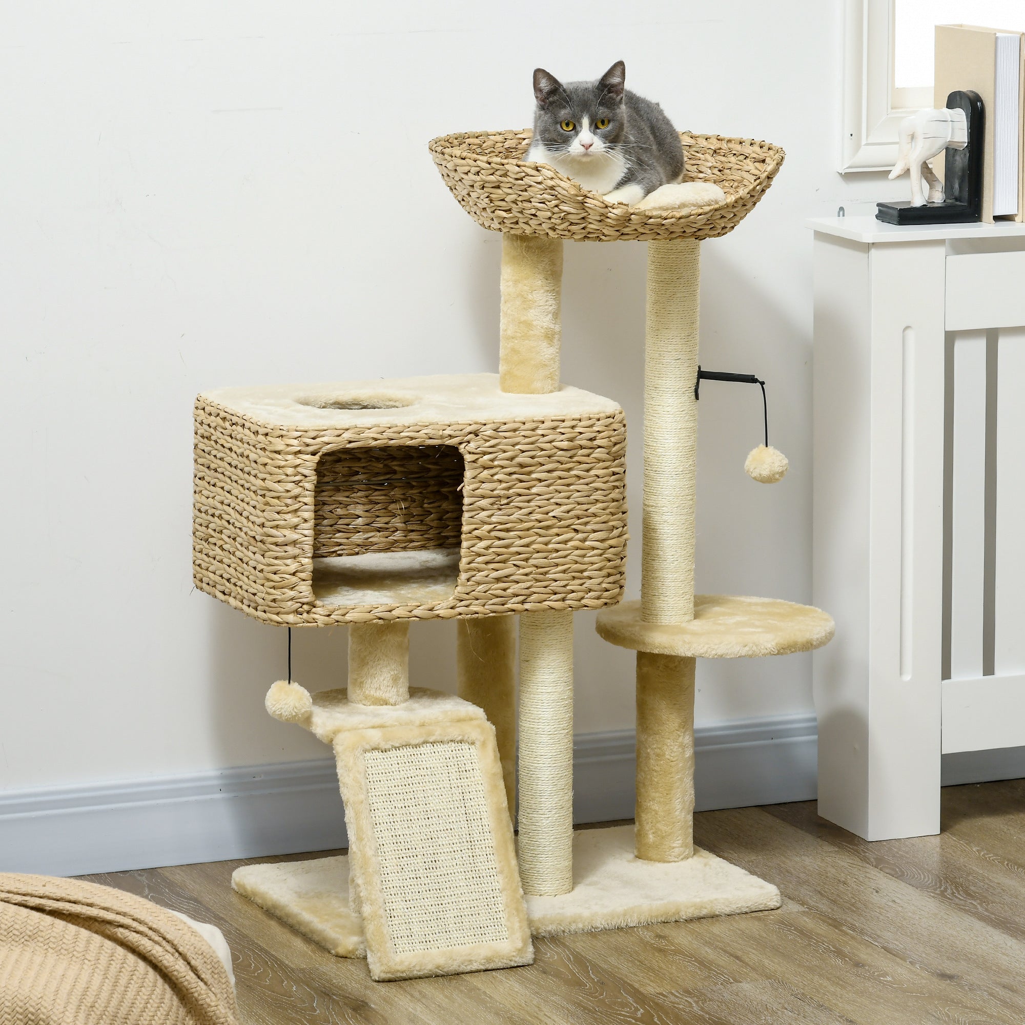 PawHut 95cm Cat Tree Tower for Indoor Cats, with Scratching Post, Cat House, Toy Ball, Platform - Beige 