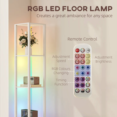 HOMCOM RGB LED Floor Lamp with Shelves, Modern Dimmable Standing Lamp with Remote Control, Adjustable Brightness & Speed for Living Room, Bedroom, Office, White 