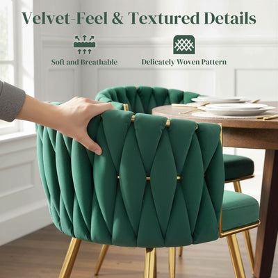 HOMCOM Velvet-Feel Dining Chairs Set of 2, Modern Upholstered Armchair with Knot Design and Golden Metal Legs, Accent Chair for Dining Room, Bedroom, Kitchen, Living Room, Dark Green 