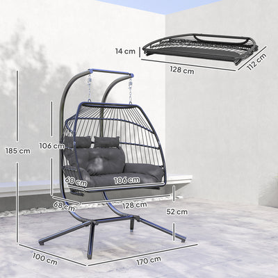 Outsunny Rattan Double Hanging Egg Chair with Stand, Foldable Wicker Swing Egg Chair with Cushion, Head Pillows, Steel Frame, Hammock Chair for Indoor Outdoor, Capacity 260 kg, Dark Grey 