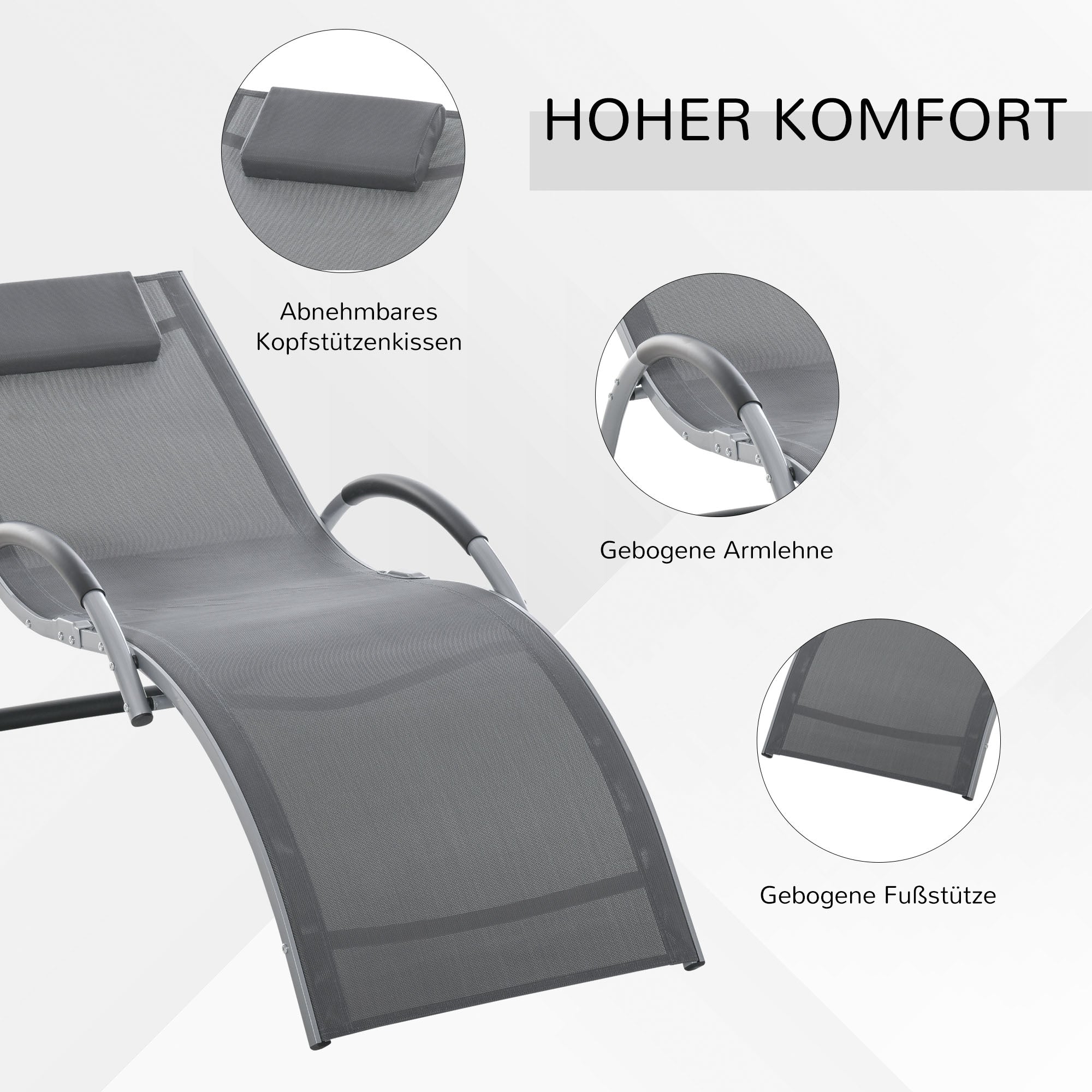 Outsunny Sun Lounger Reclining Chair Portable Armchair with Pillow for Garden Patio Outside Aluminium Frame, Dark Grey 
