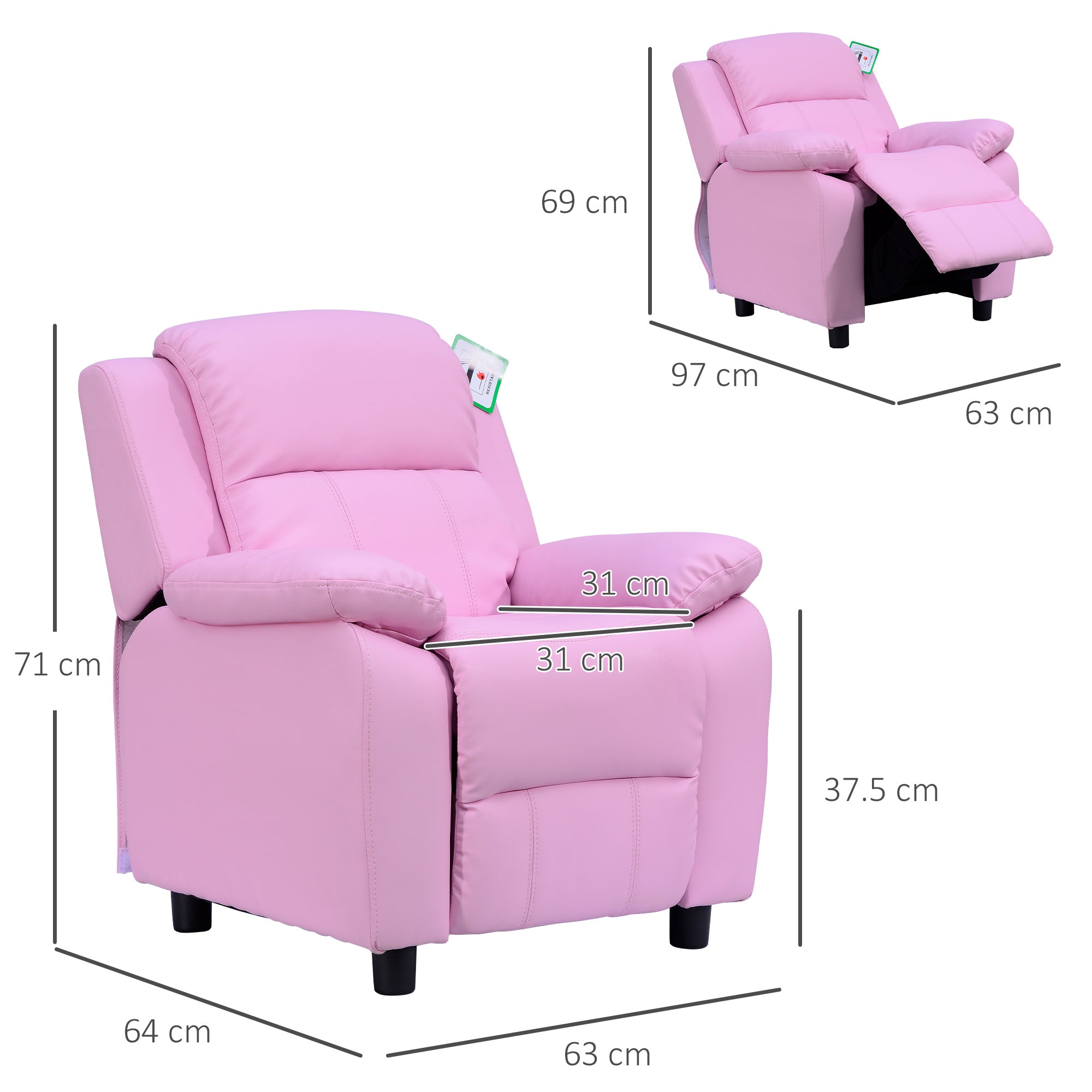 HOMCOM Kids Sofa Armchair Toddler Recliner Children's  Chair Lounger Games Chair  PU Leather w/ Storage  (Pink) 