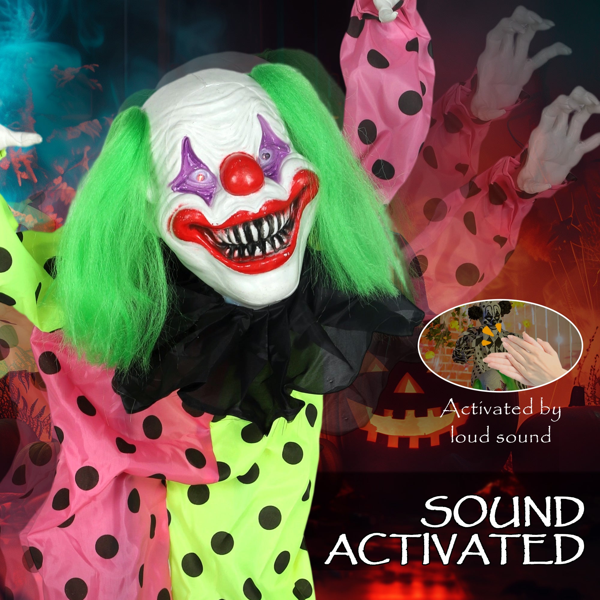 Outsunny Life Size Stackable Halloween Animated Clown with Red Light Up Eyes, Sound Activated Scary Halloween Decorations, Battery Operated, Indoor Party Props