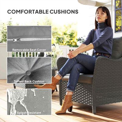 Outsunny Rattan Garden Chairs Set of 2, Outdoor Rattan Chairs with Cushions, Armrests and High Back, PE Wicker Garden Armchair with Steel Frame for Balcony, Porch, Dark Grey 