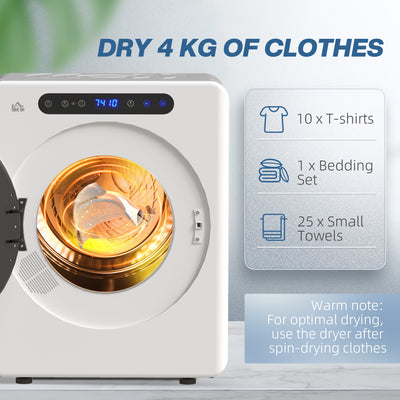 HOMCOM 4kg Vented Tumble Dryer, 1000W Compact Freestanding Front Tumble Dryer with Stainless Steel Tub, Timer, 6 Heat Settings, Small Portable Clothes Dryer, White 