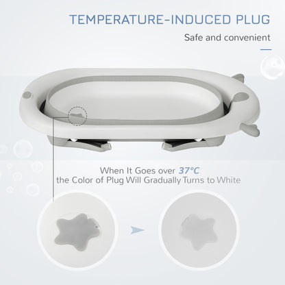 HOMCOM Foldable Baby Bathtub Set, Collapsible Bath Tub with Thermostatic Water Plug, Non-Slip Support, Cushion Pad, Drain Plugs, for Newborn to 3 Years - Offwhite 