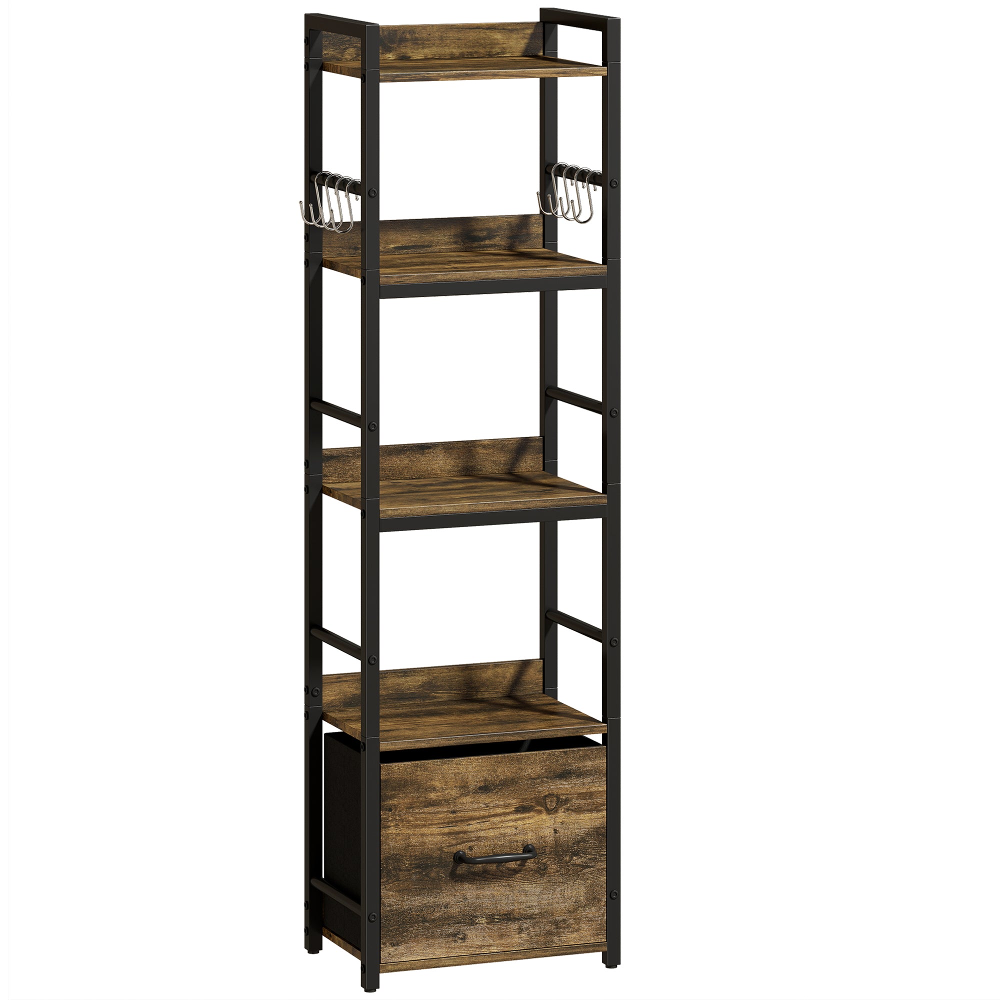 HOMCOM 4-Tier Bookshelf, Narrow Bookcase with Drawer, 8 Hooks, Metal Frame, Rustic Brown 