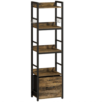 HOMCOM 4-Tier Bookshelf, Narrow Bookcase with Drawer, 8 Hooks, Metal Frame, Rustic Brown 