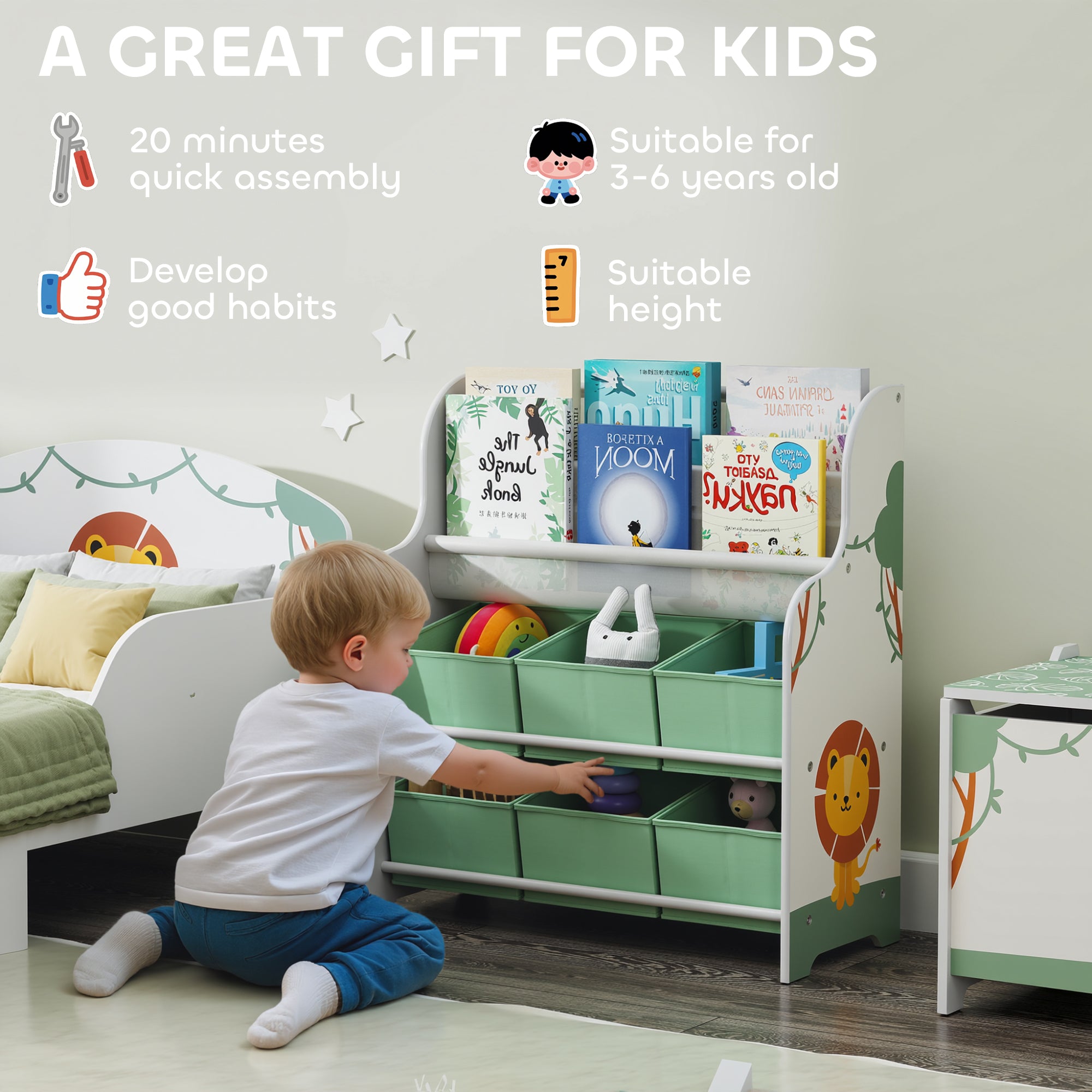 AIYAPLAY Kids Storage Unit, Toy Organiser with 6 Fabric Drawers and 2-Tier Sling Book Rack for Bedroom, Playroom, Nursery, Green 