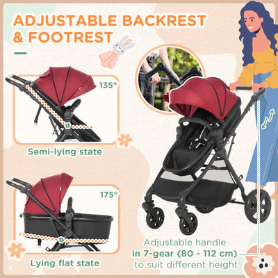 HOMCOM Foldable Baby Stoller, with Reclining Backrest, Adjustable Canopy, for Ages 0-36 Months - Red 