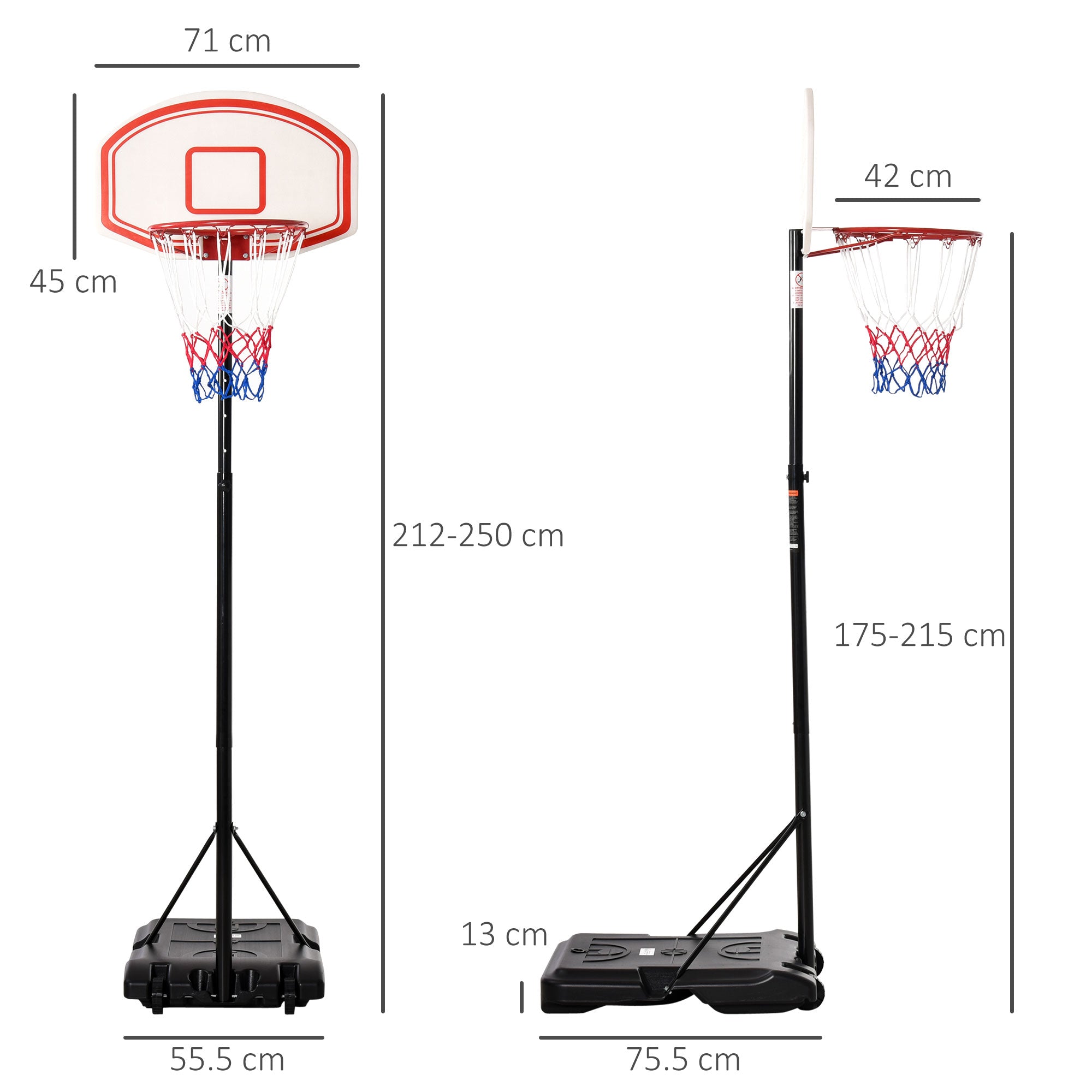 HOMCOM Portable Basketball Stand 175-215cm Adjustable Height Sturdy Rim Hoop w/ Large Wheels Stable Base Net Free Standing 