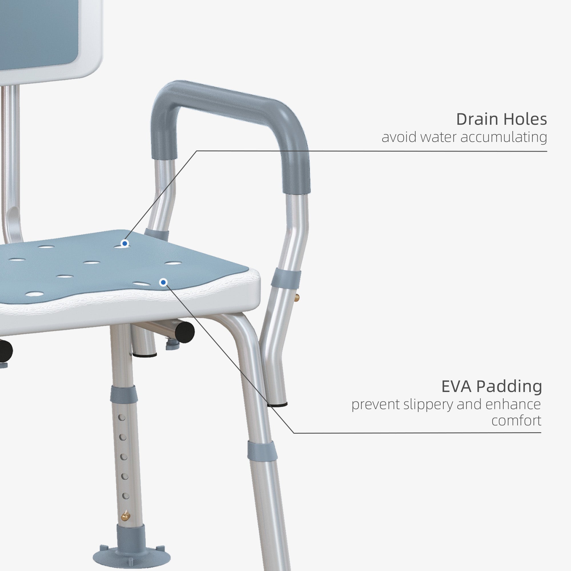 HOMCOM EVA Padded Shower Chair for the Elderly and Disabled, Height Adjustable Shower Stool with Back and Arms, 4 Suction Foot Pads, Light Blue 