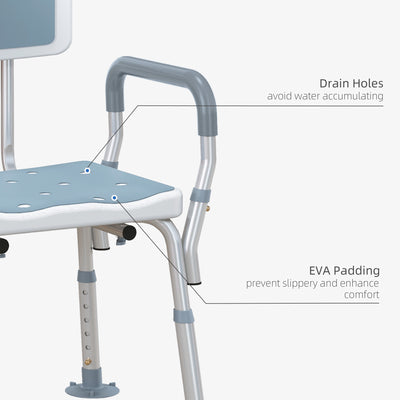 HOMCOM EVA Padded Shower Chair for the Elderly and Disabled, Height Adjustable Shower Stool with Back and Arms, 4 Suction Foot Pads, Light Blue 