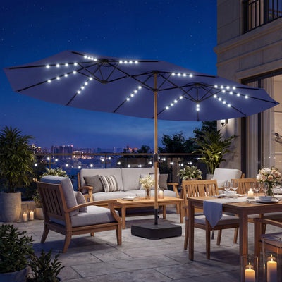 Outsunny Double Sided Garden Parasol with Base Included & 48 Solar LED Lights Patio Umbrella Crank Handle 4.6m Dark Blue 