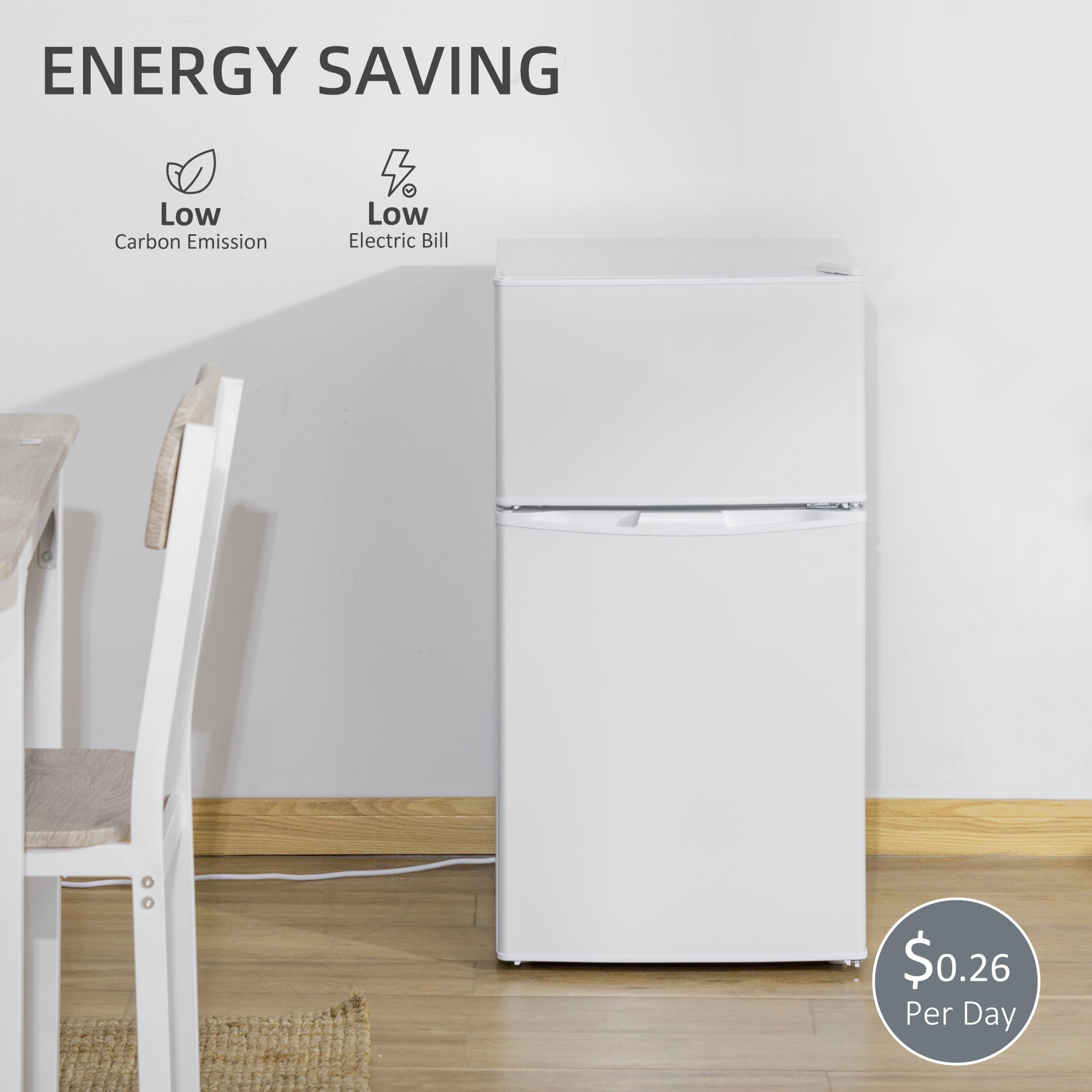 HOMCOM 88L Under Counter Fridge Freezer, Small Refrigerator with 5-Setting, 3 Star Freezer Rating, White