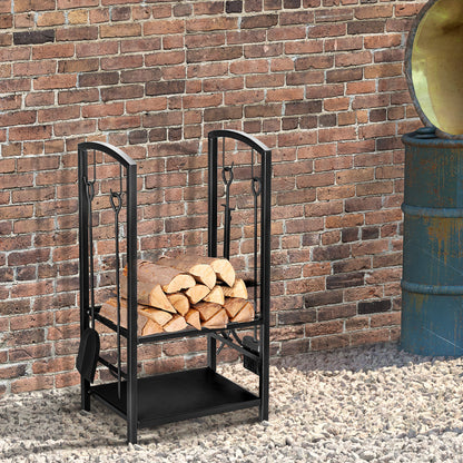 Outsunny Metal Firewood Log Holder 2 Layer Firewood Rack Indoor Outdoor Fireplace Wood Storage Shelf with 4 Tools and Hooks, Black, 40L x 30W x 74.5H cm 