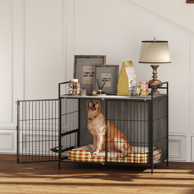 PawHut Large Dog Crate Furniture with Rotating Bowl Holder, 2 Bowls, 2 Doors, for Large Dogs, 100 x 60 x 88 cm, Grey 