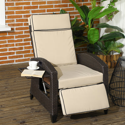 Outsunny Outdoor Recliner Chair with Adjustable Backrest and Footrest, Cushion, Side Tray, Khaki 
