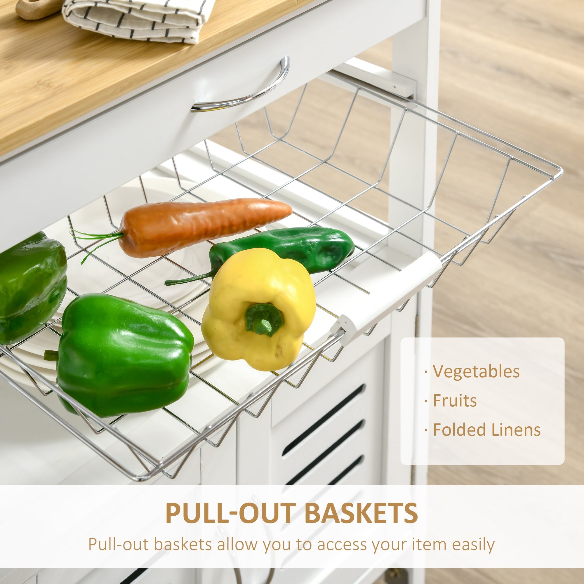 HOMCOM Rolling Kitchen Island Trolley Utility Cart on Wheels with Bamboo Table Top, Storage Cabinet, Drawer and Wire Basket 