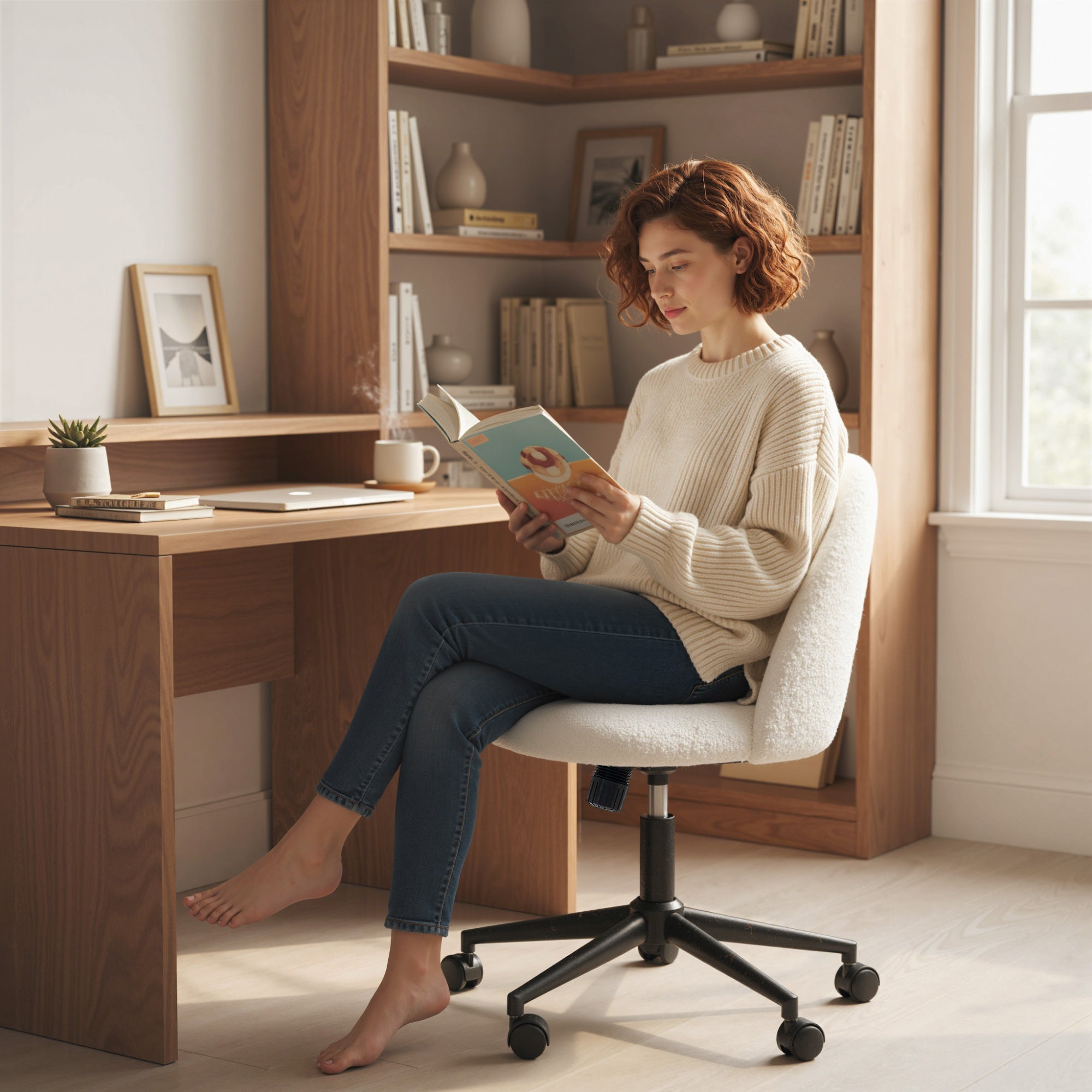 HOMCOM Teddy Fleece Office Chair with Wheels - Cream White 