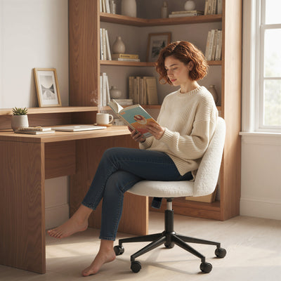 HOMCOM Teddy Fleece Office Chair with Wheels - Cream White 