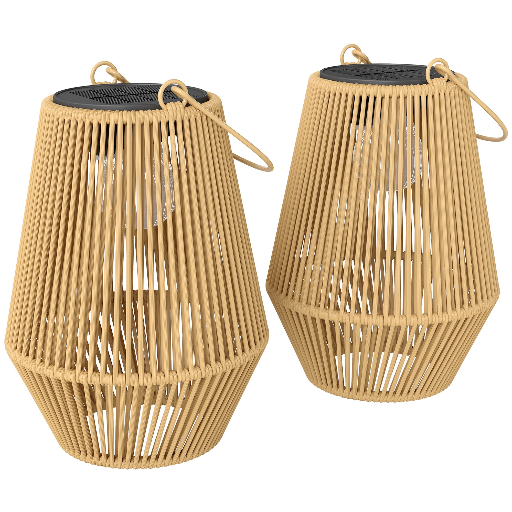 Outsunny Hanging Solar Lanterns, 2 Pack Rattan Solar Lights with Handle for Patio, Pathway, Terrace, Auto On/Off, Brown 