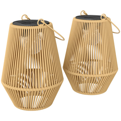 Outsunny Hanging Solar Lanterns, 2 Pack Rattan Solar Lights with Handle for Patio, Pathway, Terrace, Auto On/Off, Brown 
