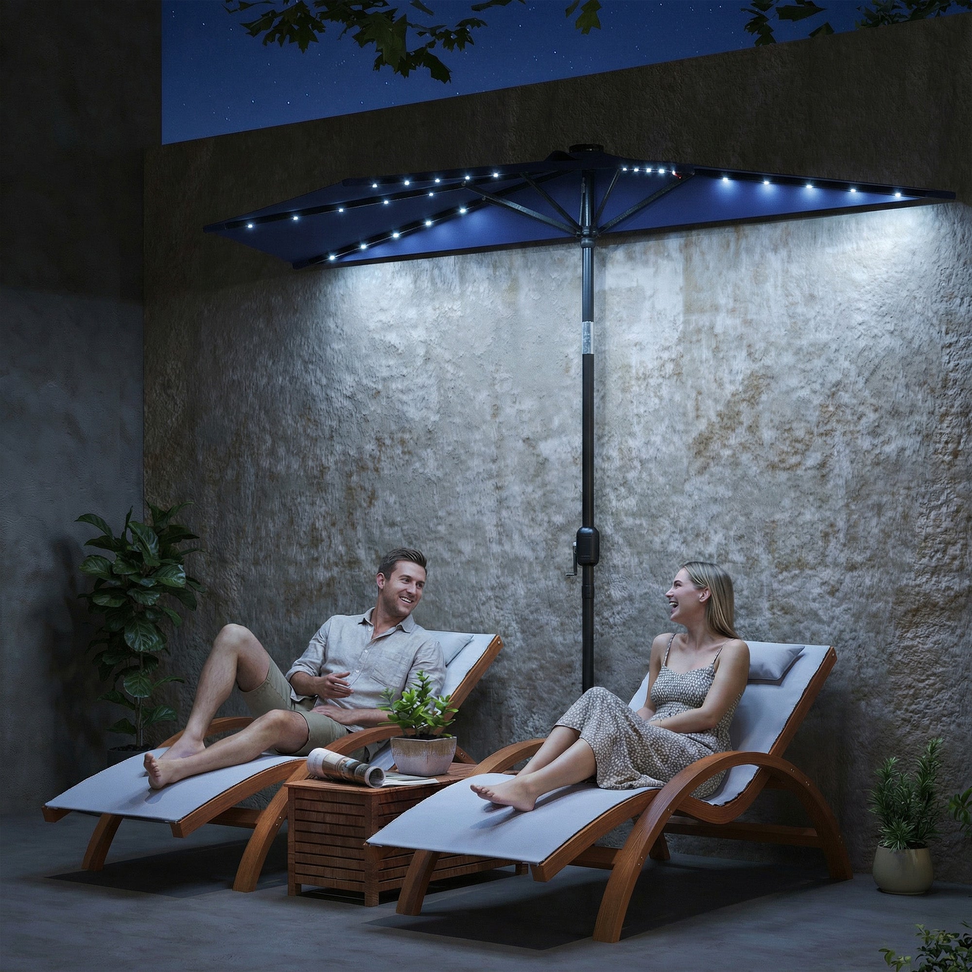 Outsunny 2.6 m Half Garden Parasol with Solar LED Lights, UPF50+ Semi Round Umbrella with 30° Tilt, Crank Handle, Dark Blue 