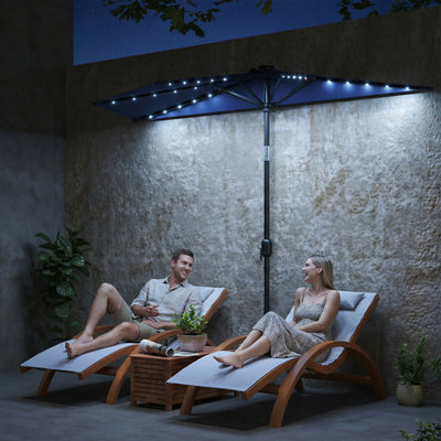 Outsunny 2.6 m Half Garden Parasol with Solar LED Lights, UPF50+ Semi Round Umbrella with 30° Tilt, Crank Handle, Dark Blue 