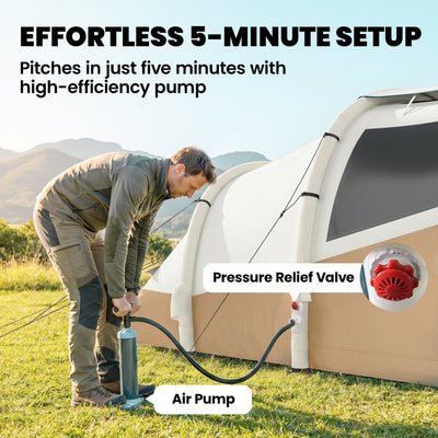 Outsunny Inflatable Camping Tent w/ Air Pump, Easy Setup 2-3 Person Blow Up Tent, Khaki 