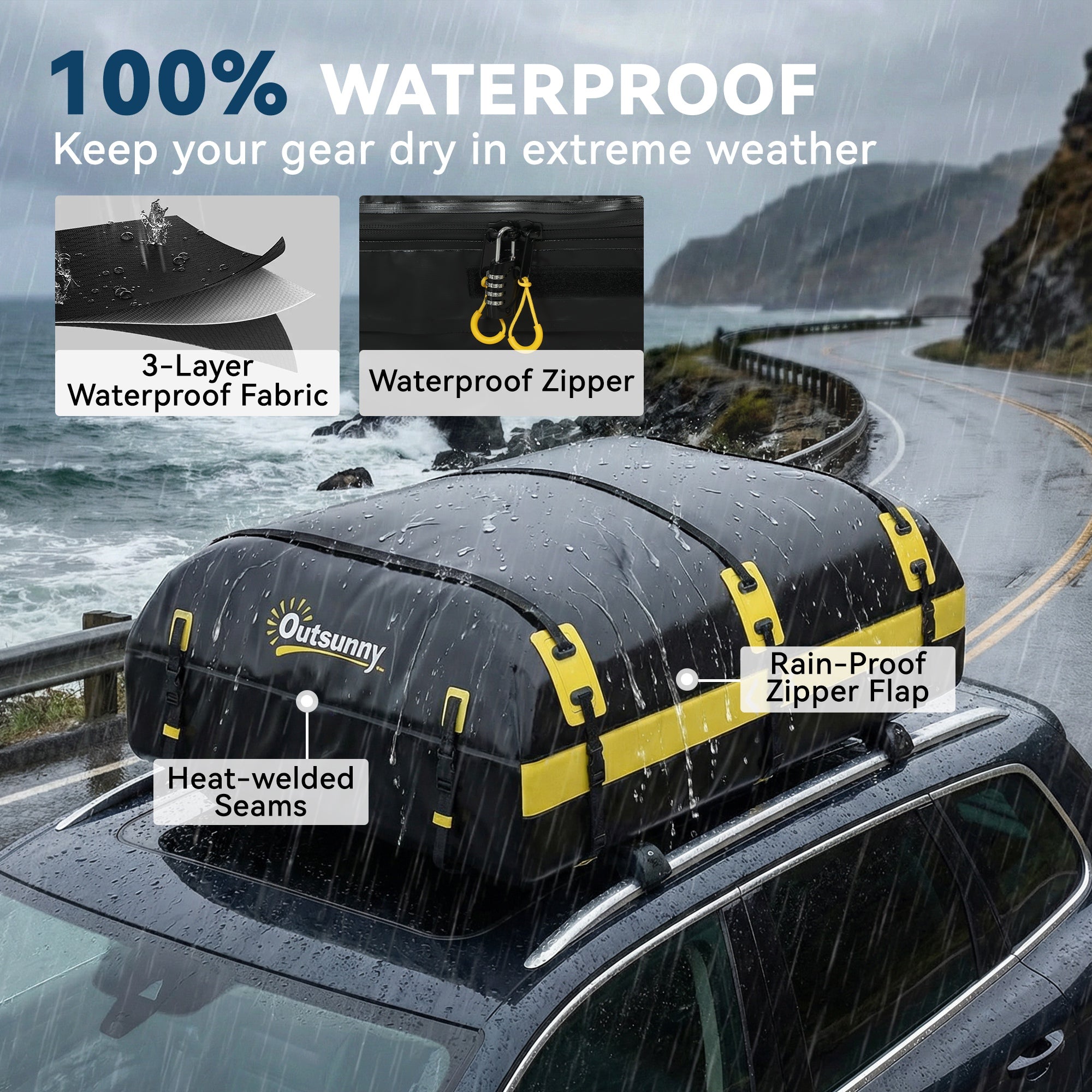Outsunny Car Roof Bag, 21 Cubic Feet Waterproof Soft Car Roof Box Roofing Cargo Carrier w/ Reflective Arrows, Door Hooks, Yellow 