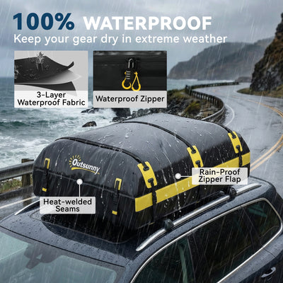 Outsunny Car Roof Bag, 21 Cubic Feet Waterproof Soft Car Roof Box Roofing Cargo Carrier w/ Reflective Arrows, Door Hooks, Yellow 