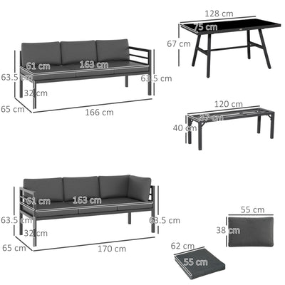 Outsunny\'c2\'a04\'c2\'a0Piece\'c2\'a0L-shaped Garden Furniture Set 8-Seater Aluminium Outdoor Dining Set Conversation Sofa Set w/ Bench, Dining Table & Cushions,\'c2\'a0Grey 
