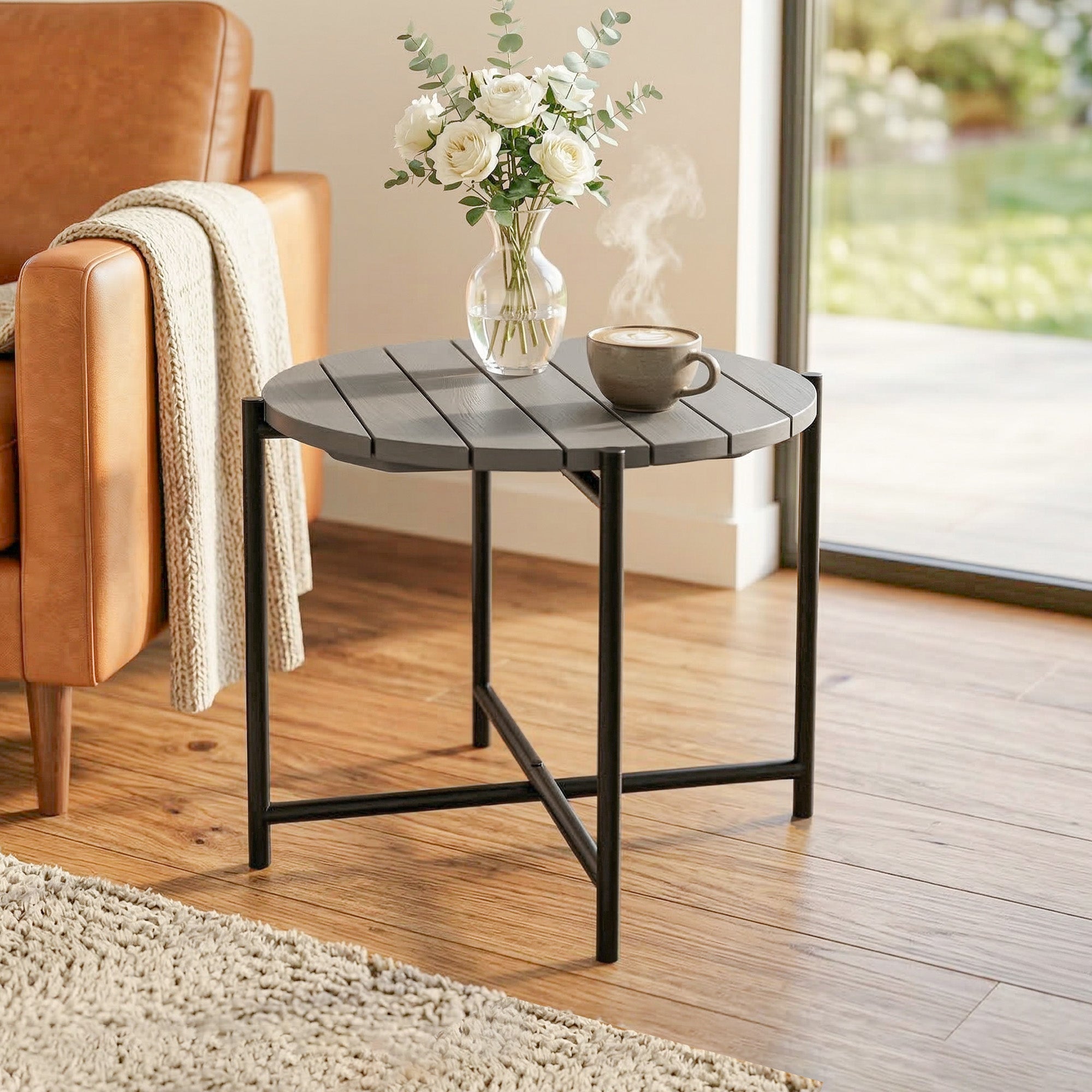 Outsunny 54 cm Round Outdoor Side Table, Industrial Small Garden Table with Slatted Wood Top and Metal Frame, Dark Grey 