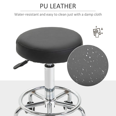 Vinsetto Round Rolling Stool, PU Leather Height Adjustable Stool Chair with Wheels and Swivel Seat for Salon, Massage, Spa, Home Kitchen, Black 