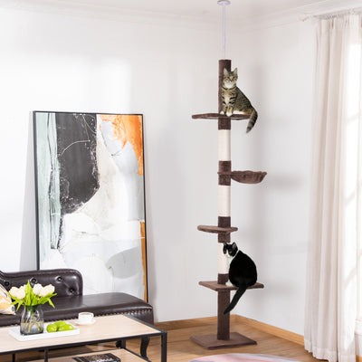 PawHut Floor to Ceiling Cat Tree for Indoor Cats 5-Tier Kitty Tower Climbing Activity Center Scratching Post Adjustable Height 230-260 cm Brown 