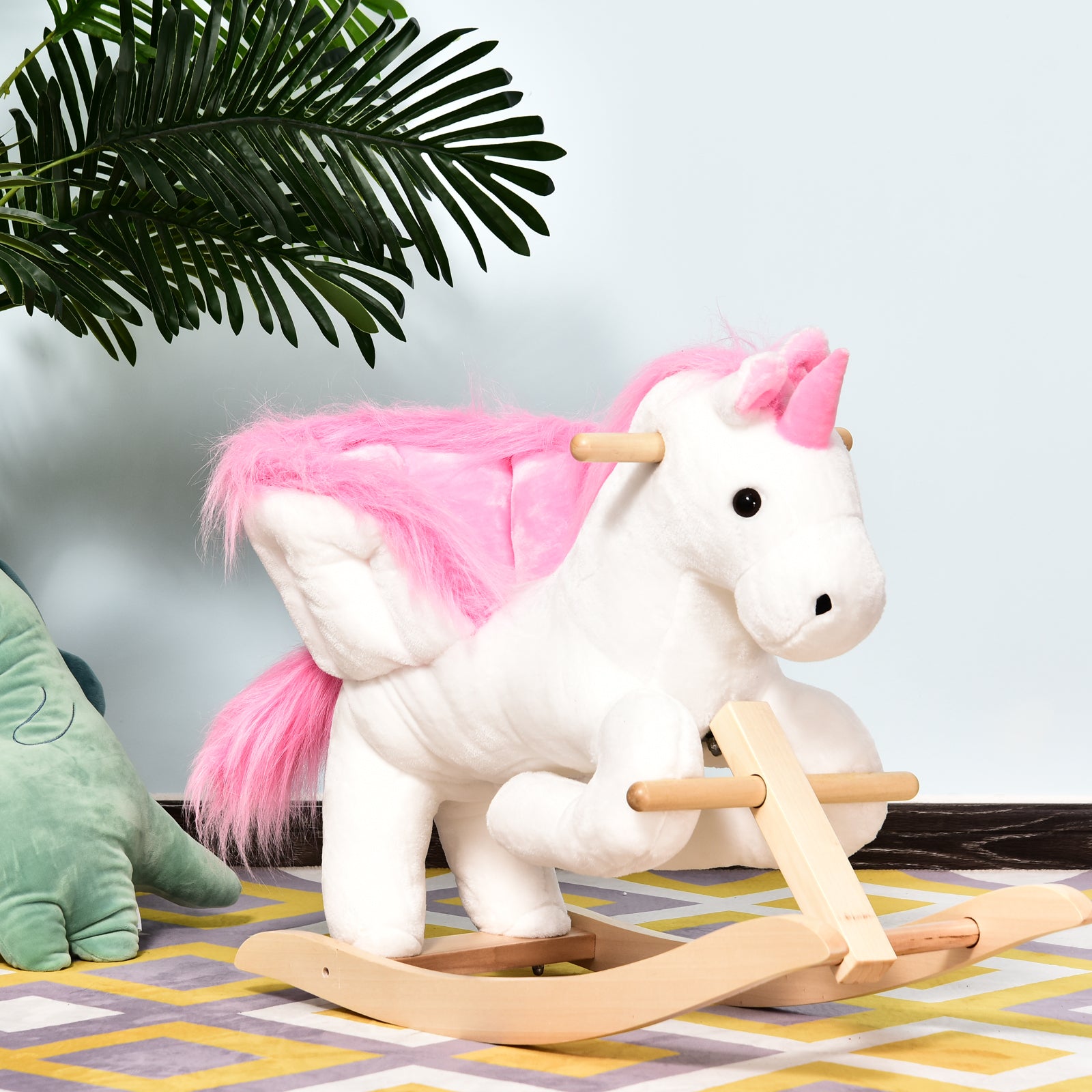 HOMCOM Kids Rocking Horse Unicorn Wooden Plush Ride On Chair Toy with Music 1.5-3 Years 