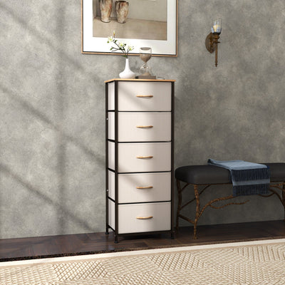 HOMCOM Fabric Chest of Drawers, Storage Drawers, Industrial Bedroom Dresser with 5 Fabric Drawers, Steel Frame and Wooden Top for Nursery, Living Room, Hallway, Cream White 