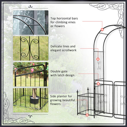 Outsunny Metal Garden Arbor Arch with Double Doors, 2 Side Planter Baskets, Climbing Vine Frame, Black 