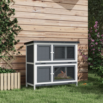 PawHut Double Decker Rabbit Hutch 2 Tier Guinea Pig House Pet Cage Outdoor with Sliding-out Tray, 100 x 47 x 91cm, Grey 