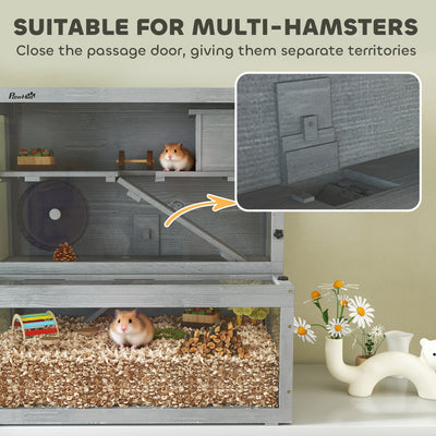 PawHut Wooden Hamster Cage with Hut, Wheel, Ramps, Removable Viewing Panels, 80 x 50 x 84 cm, Grey 